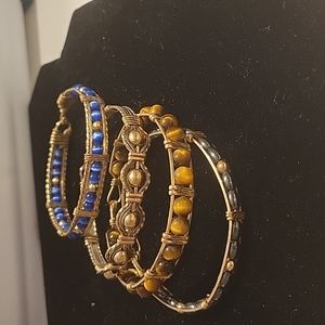 4 Beautiful Blue, Brown, Grey Stone and Gold Tone Bracelets- 7.25 in